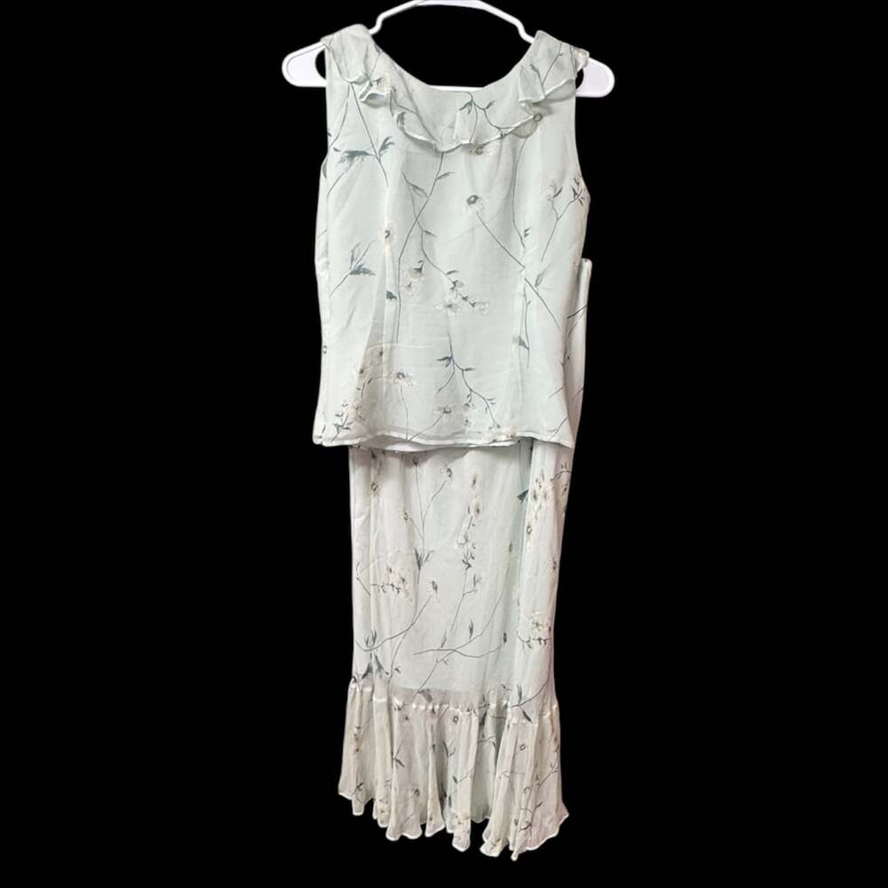 Vintage Floral Two-Piece Set Chiffon Ruffle Sleeveless Top and Midi Skirt - Picture 3 of 4